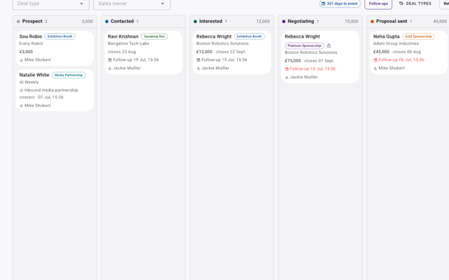 Permanent deals in an event CRM connected to the real event work.