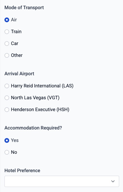 The same form when the attendee chooses Air - arrival-airport fields appear instead
