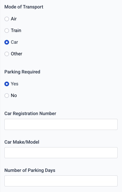 Registration form when the attendee chooses Car - parking and car-registration fields appear