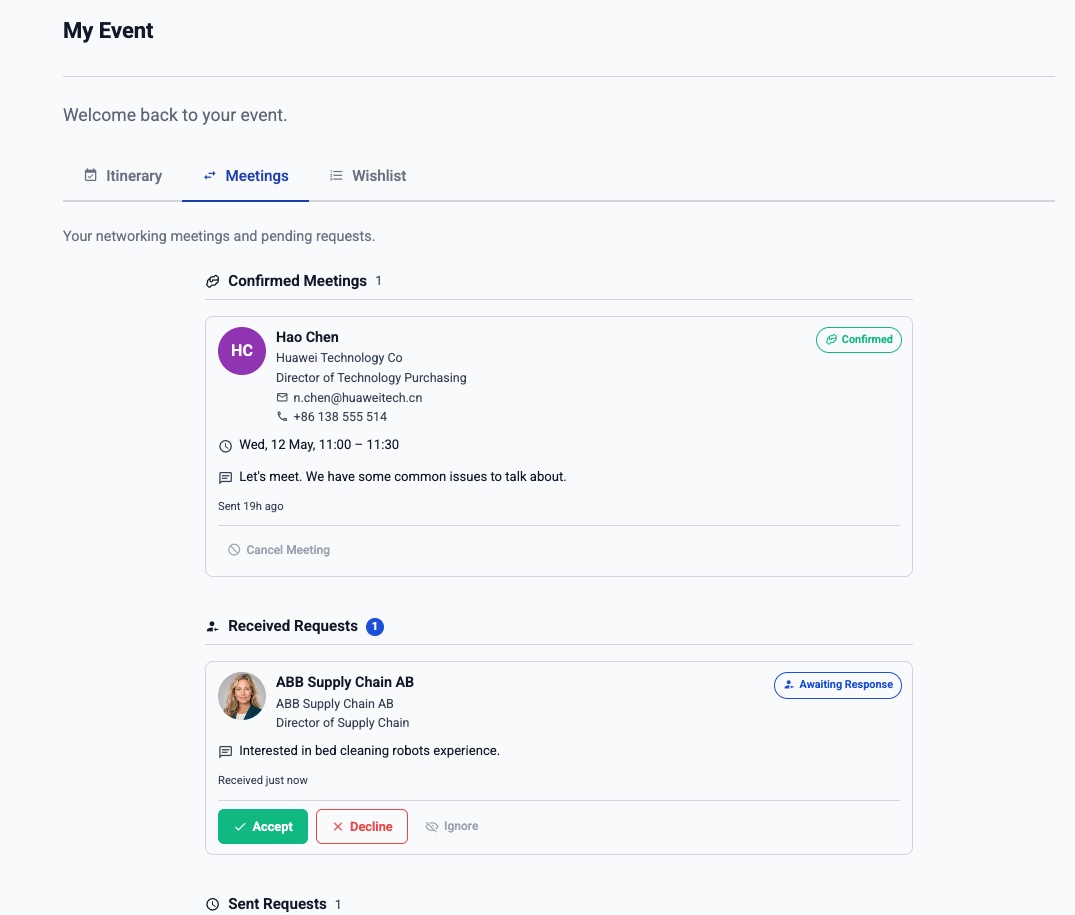 EventGen networking portal showing confirmed meetings and an attendee meeting request awaiting a response